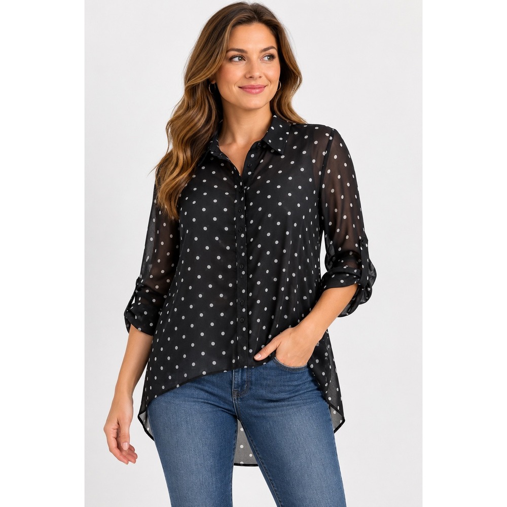 Marisol Polka Dot Shirt Womens Medium Black Sheer High Low Roll Tab Blouse